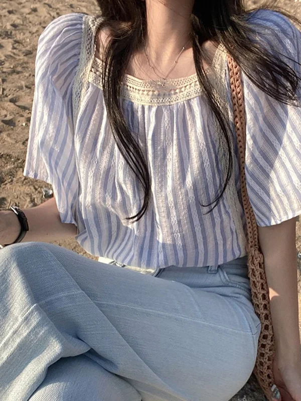 Bleu coton lin ort Sve irt été doux dentelle col carré poupée irt bulle Sve rayé irt décontracté coupe ample