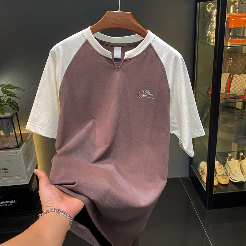 Men's 2026 Summer New Color Block Printed T-Shirt Round Neck Loose Thin Breathable Concise Versatile Daily Casual