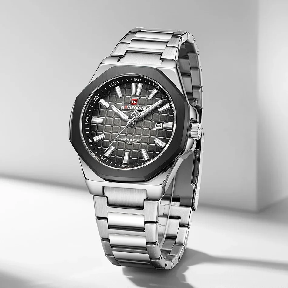 

NAVIFORCE мужские часы с ремешком из нержавеющей стали, спортивные часы с календарем, 3 атм, водонепроницаемые мужские светящиеся кварцевые наручные часы Relogio Masculino 2025