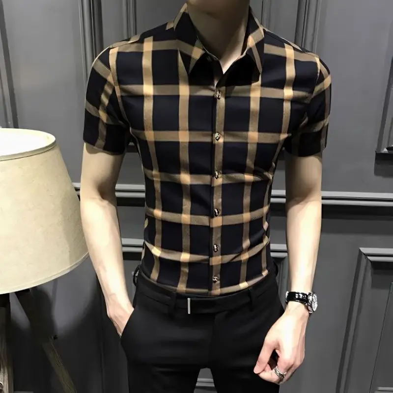 Summer Fashion Trend Casual Business Versatile Lapel Plaid Print Slim Fit Short Sleeved Men\'s Oversized Single Breasted Shirt