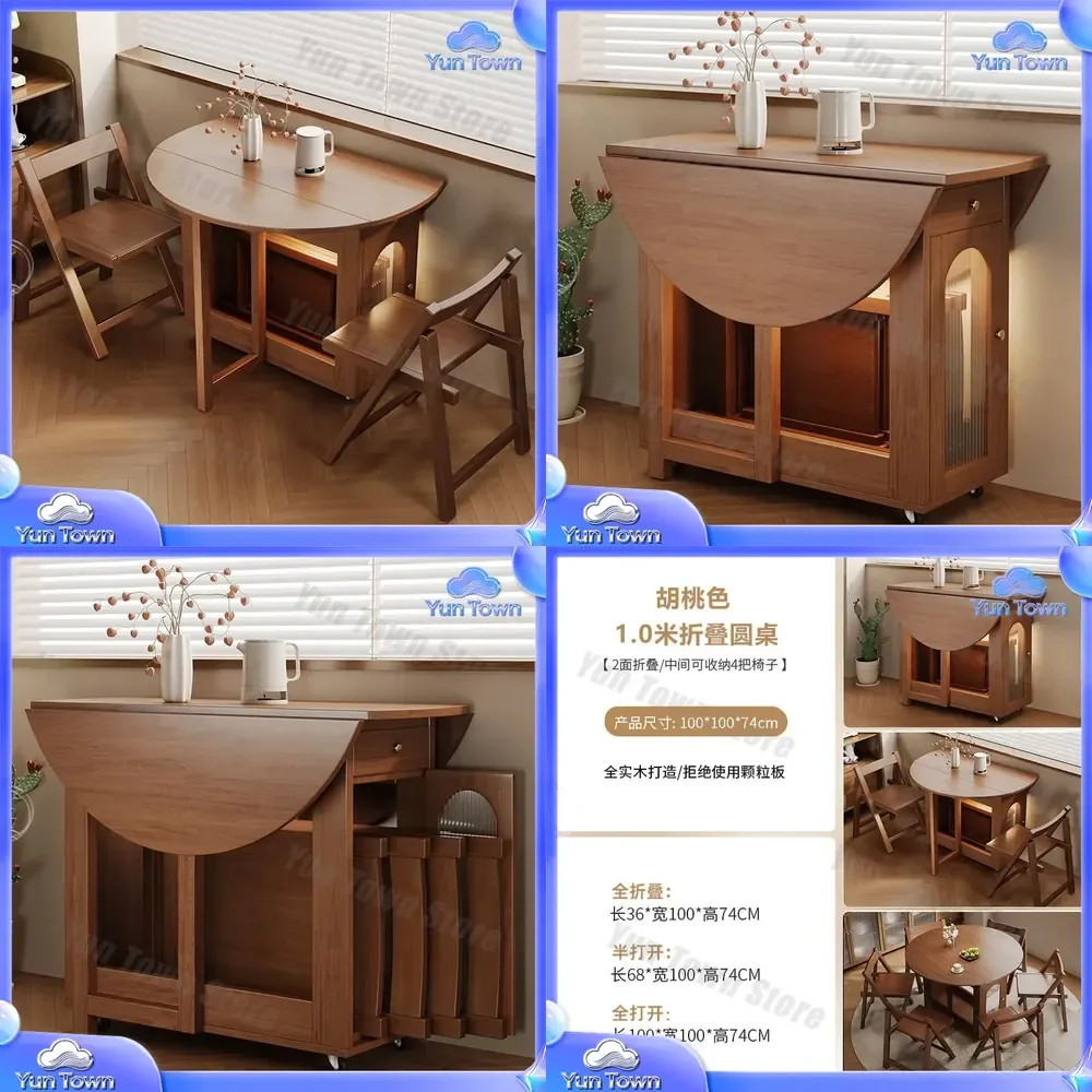 Solid Wood Folding Round Table for Small Apartment Dining Table Household Eating Table Movable Multifunctional Space Saving