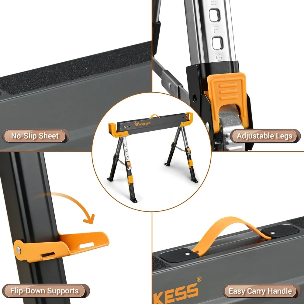 Cabavelos de serra personalizáveis, 2 pacotes dobráveis, capacidade de carga de 2600 lbs e mesa de serra resistente de altura ajustável de 24-32 polegadas com 2x4