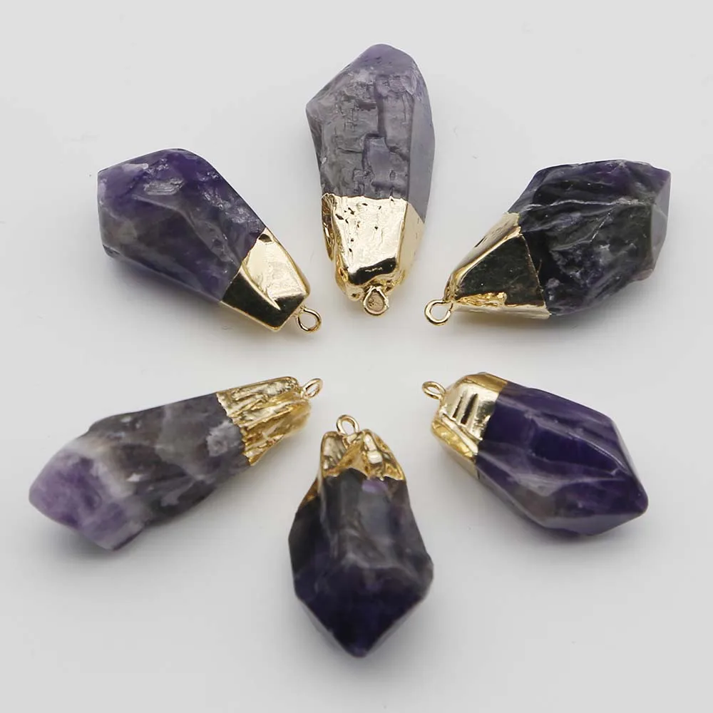 New Natural Stone Irregular Amethyst Pendant Plating Golden Quartz Purple Crystal Necklace Charm Jewelry Diy Earring Making 8Pcs