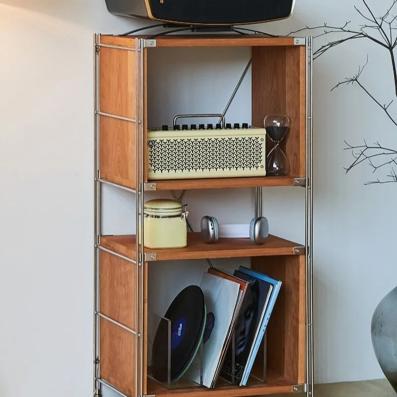 Record player storage rack Iron triangle vinyl record player cabinet Sofa side cabinet Solid wood display cabinet