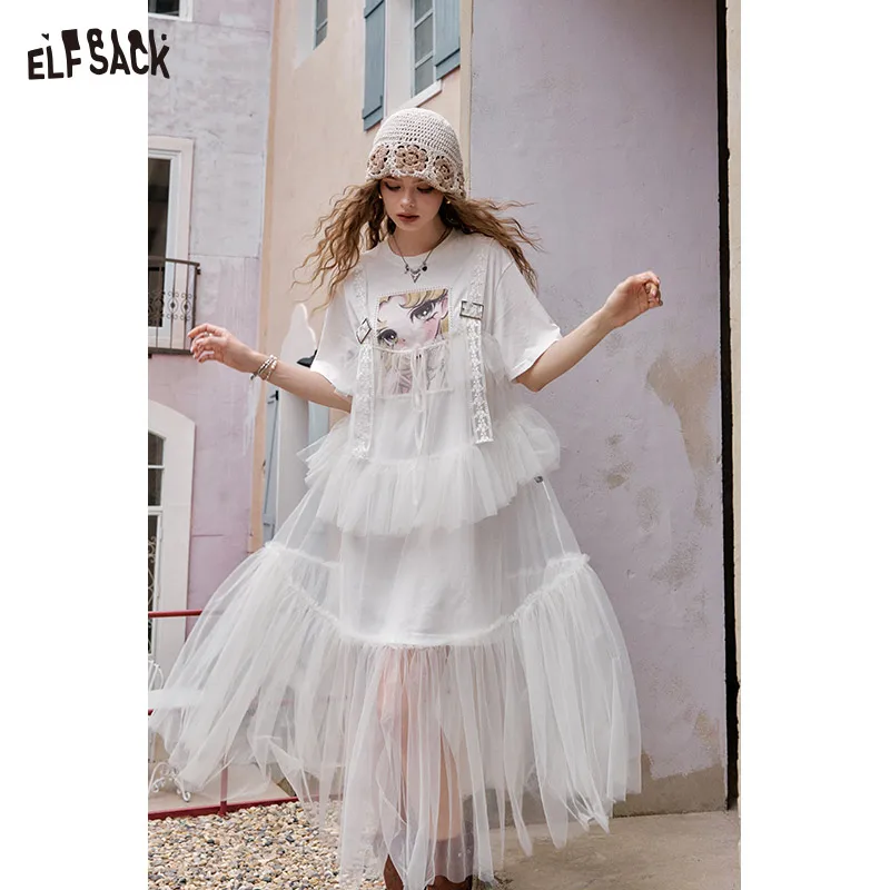 

ELFSACK 2025 Summer New Arrival Sweet Cool Princess Dress Set Mesh Splicing Printed T-Shirt Women'S Long Dress Two Pieces