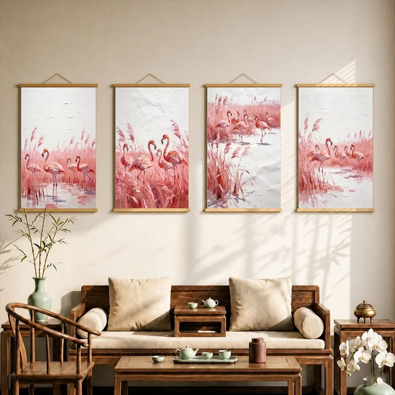Wall Decorations Pink Flamingo Flocks in Shallow Water, Wildlife Minimal Pearlescent Canvas Hanging Scroll for Boutique Hotel