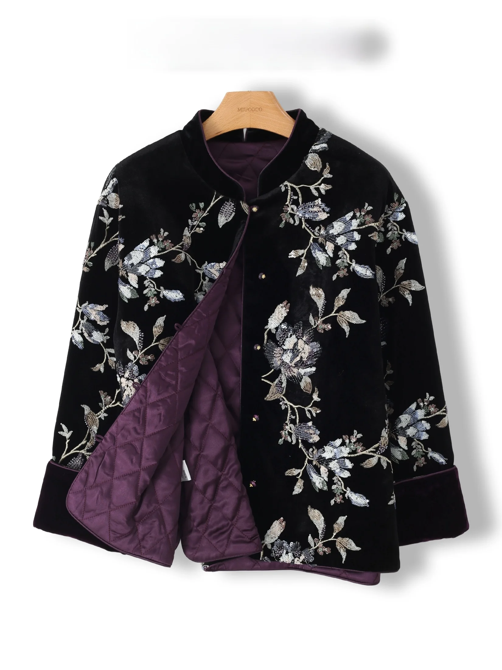 

New Chinese Style Velvet Jacket Women's Fashionable Cotton Filled Retro Beadwork Outerwear Warm Loose Fit Long Sleeve Coat