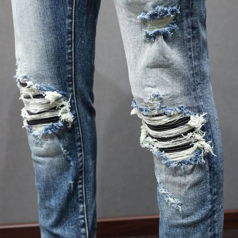 Designer street fashion boutique men's light blue jeans elastic tight fitting patchwork patch jeans men's designer hip-hop brand