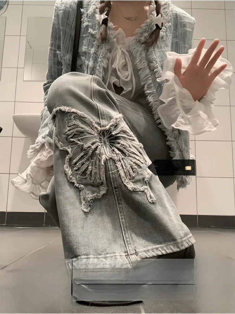 

Джинсы женские с высокой талией, расклешенные, с вышивкой, в стиле ретро, прямые, длинные брюки, осенне-зимние, стройнящие