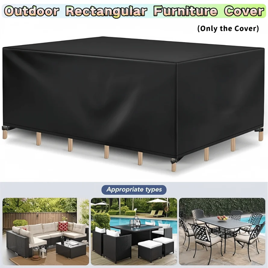 190T Silver Coated Rectangular Outdoor Furniture Cover, Water Resistant Patio Table Sofa Protector, Windproof Cover with Buckles