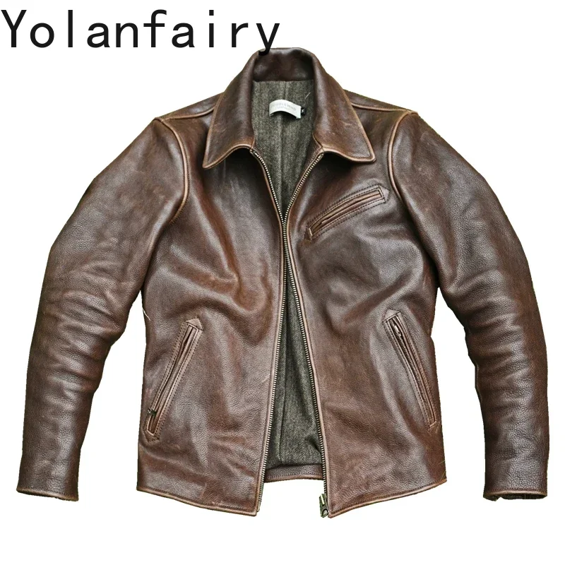 YOLANFAIRY Mens Leather Jacket Man Vintage Jacket Vegetable Tanning 1.6 Thick Heavy-layer Cowhide Genuine Leather Jackets Coats