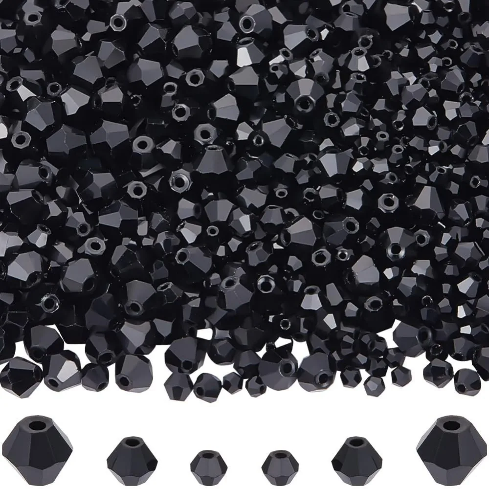 

1 коробка, 1300 шт., черные биконусные бусины, черные граненые стеклянные бусины, объемные 3 мм, 4 мм, 6 мм, вечерние, готические, оптовая продажа, биконус