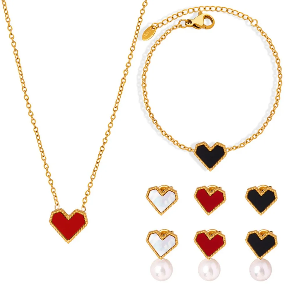 Black White Red Stainless Steel Heart Pendant Necklace Earrings For Women Gold Plated Waterproof No Tarnish Women\'s Jewelry Set