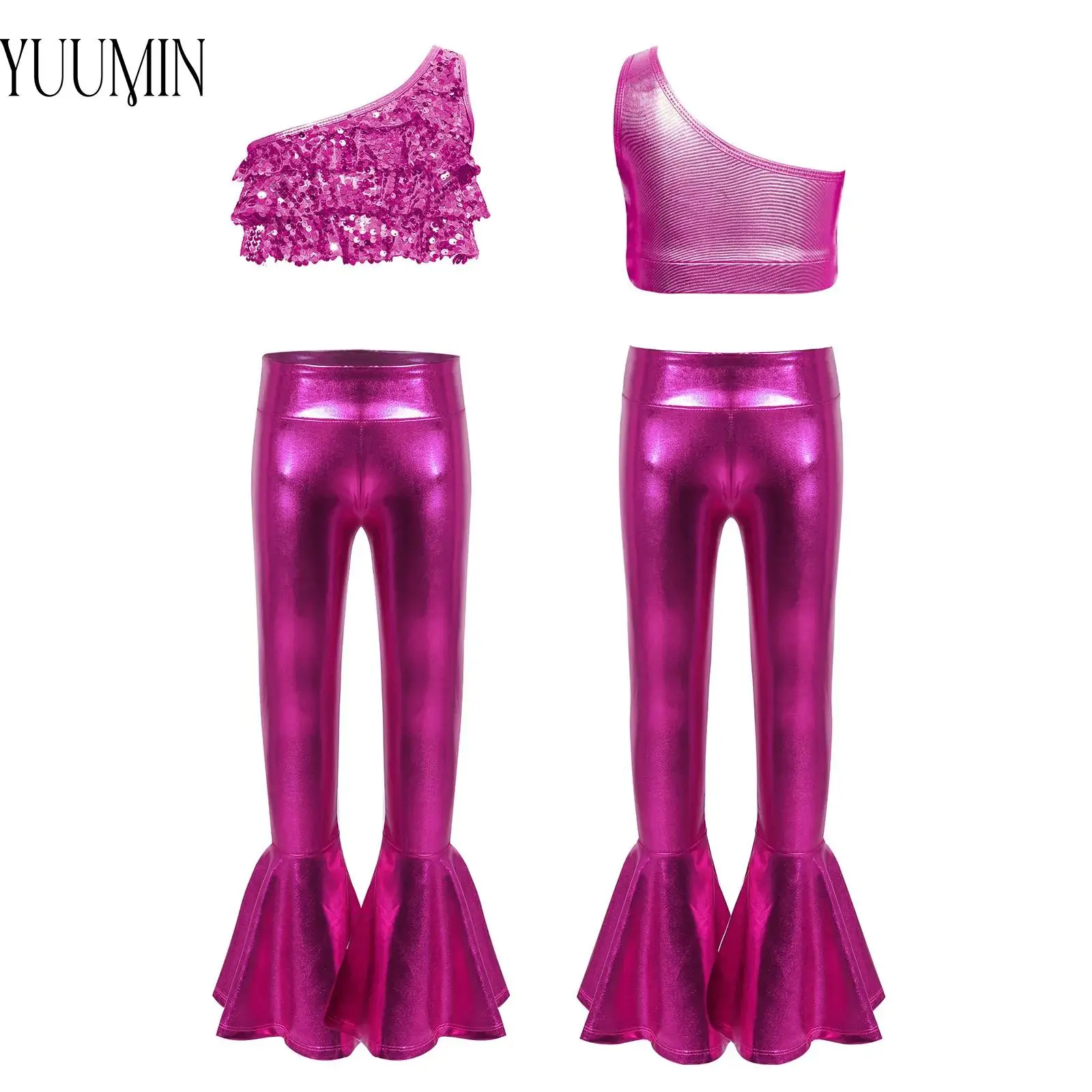 Girls 2 Pieces Jazz Dance Performance Outfit Kids One Shoulder Sleeveless Shiny Sequins Crop Top with Bell-bottom Metallic Pants