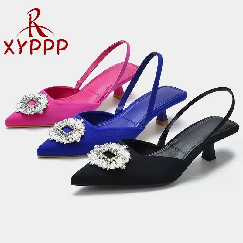 

2025 Новые сандалии, женская обувь с острым носком, туфли телесного цвета с розовыми бриллиантами, туфли на низком каблуке с ремешками сзади, женские туфли Sapatos De Mujer