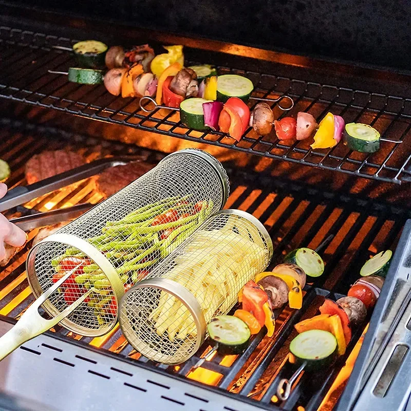 Parrilla de barbacoa al aire libre, cesta cilíndrica de acero inoxidable, Red de desplazamiento portátil, redonda, utensilios de cocina, barra de Camping