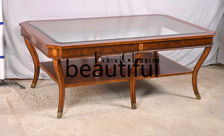 

American living room household rectangular coffee table solid wood modern simple glass surface tea table balcony coffee table