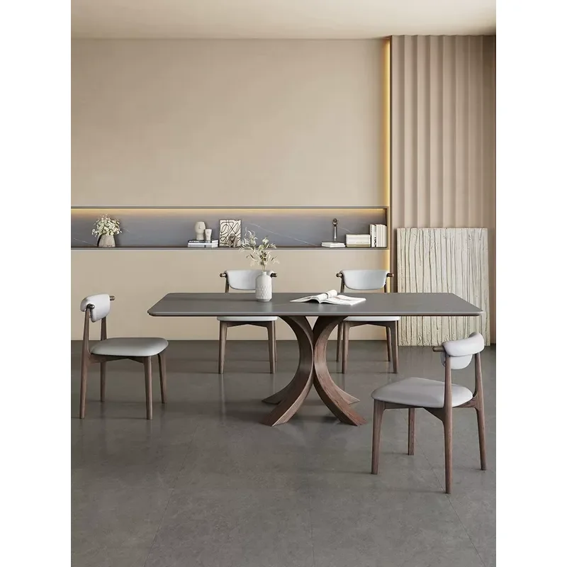 Nordic Solid Wood Dining Table Rectangular Household Walnut Color Modern Simple Light Luxury Matte Ash Wood Rock Slab