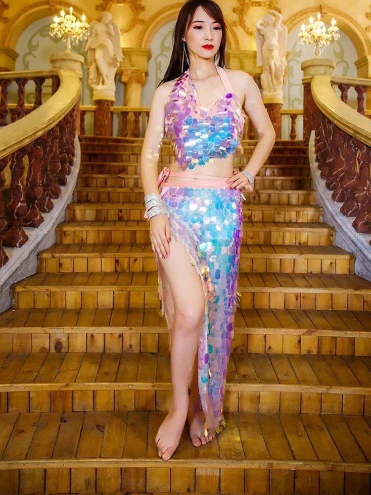 

Belly Dance Wear Stage Costume Outfit Top and Skirt For Adult Stage Performance Worksuit Practice Clothes Women's Costume