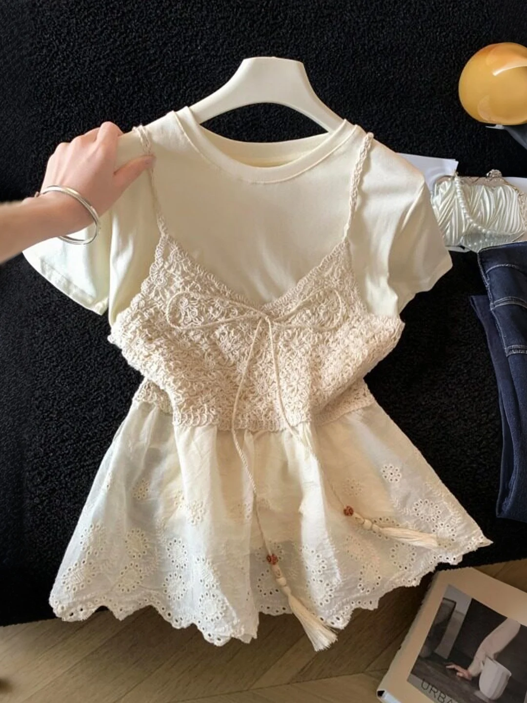 

Bohemian Style Pure Color Layered T-Shirt Women Summer 2026 New Knot Lace Hollow out Top Cotton Short Sleeve round ...