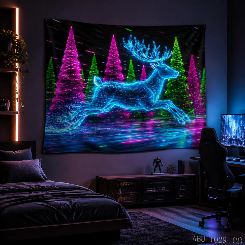 VIKAMA Cyber Neon Wire Frame Elk Christmas Tree Tapestry, HD Fabric, Modern Minimalist Holiday Room Decor Style
