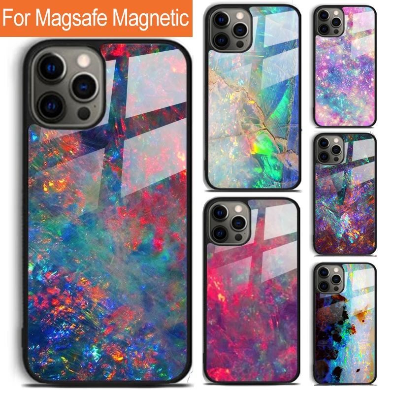 Opal Stone Iridescent Phone Case For iPhone 16 15 14 13 12 11 Pro Max Plus Magsafe Magnetic Wireless Charging Cover