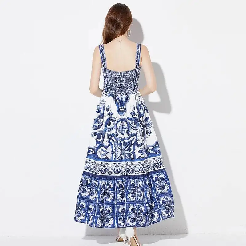Runway Summer Holiday Long Dress Boho Women\'s Strap Blue And White Porcelain Print Sexy Sundress Elastic Backless Vestidos Robe