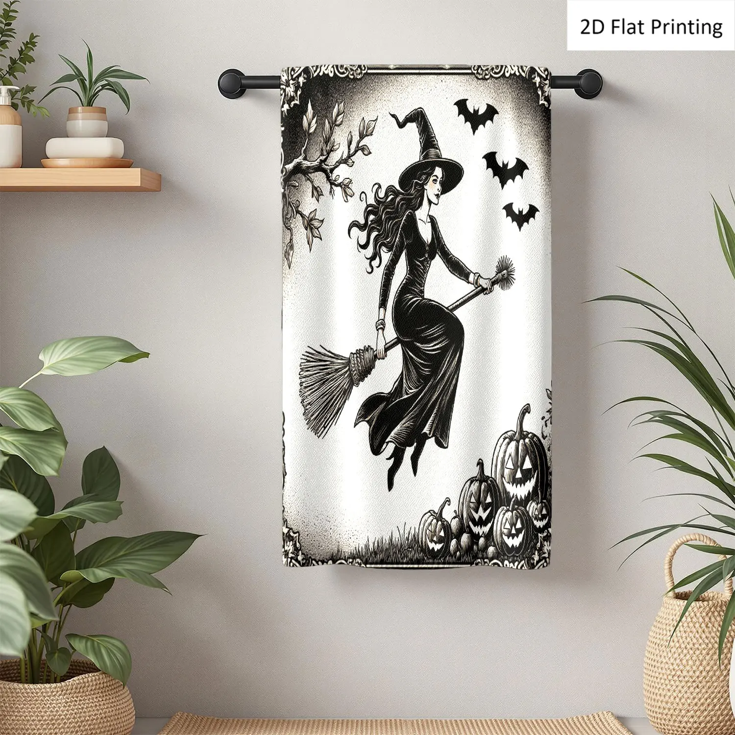 1 toalla de mano para baño con diseño de escoba de bruja, murciélagos y calabazas de Halloween, toalla de microfibra de poliéster de varios tamaños, toallas decorativas únicas para el hogar y la cocina, accesorios decorativos para el baño, de secado rápido y absorbente.