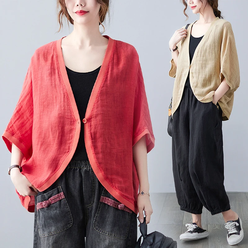 

Short Cardigan Women Sunscreen Clothes Thin Cotton Linen Tops Loose V-neck Coat Female Summer Solid Color Casual Jacket