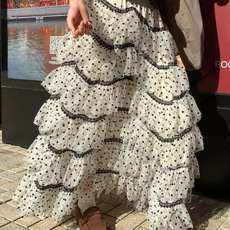 

Polka Layered Mesh Cake Skirt for Women's Autumn and Winter New High Waisted A-line Fluffy Half Skirt