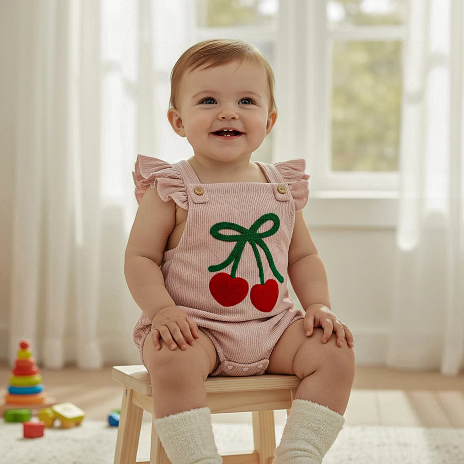 

Lovely Baby Girl Overalls, Ruffled Fly Sleeve Embroidery Cherry Romper Spring Fall Bodysuit for Casual Daily
