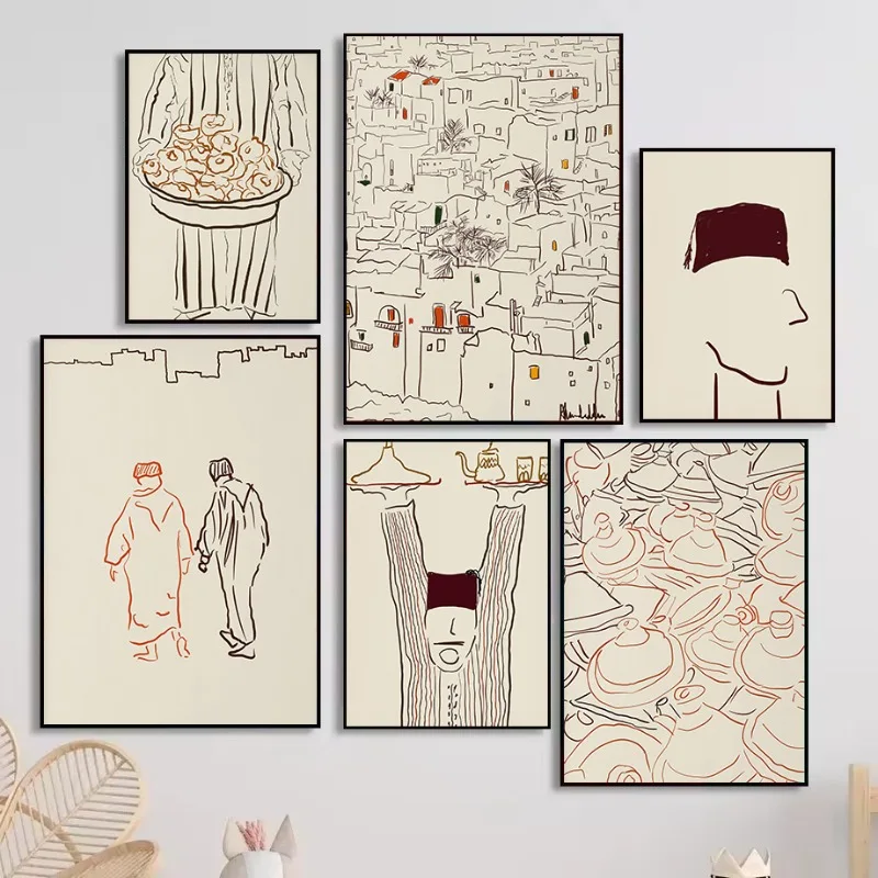 Morocco Travel Moroccan Village Architecture Food Abstract Sketch Poster Canvas Painting Wall Pictures Home Hotel Decor