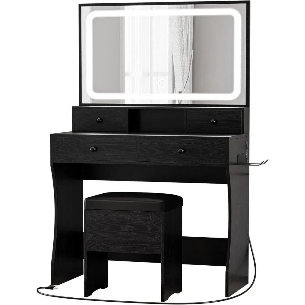 Vanity Desk with LED Lighted Mirror & Power Outlet & 4 Drawers, Dressing Makeup Table Set with Storage Stool