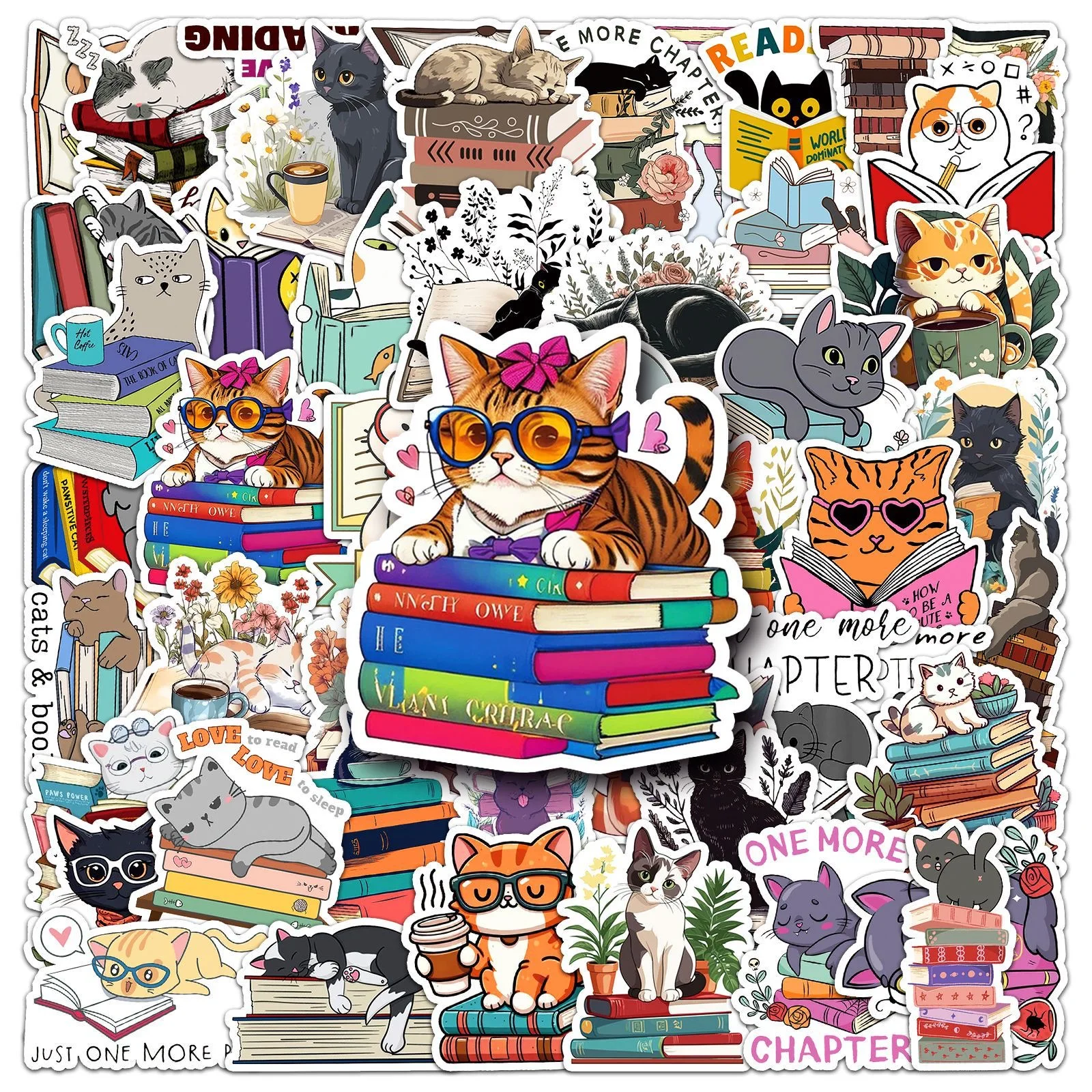 10/50Pcs Cute Funny Cat Reading Books Stickers For Notebook Luggage Laptop Guitar Phone Waterproof Graffiti Decals Kids Toy