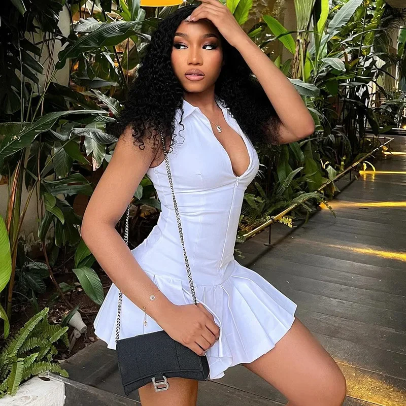 

XIZOU White Dresses for Women Sexy Sleeveless Lapel Zipper Casual Pleated Skirt Elegant Ins Party Clubwear Women's Dress 2024