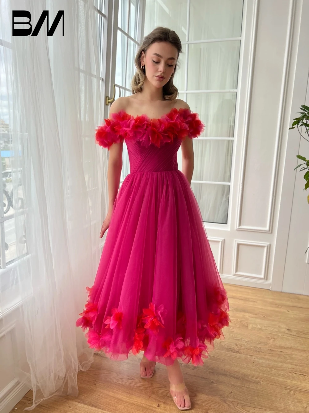 

Fuchsia Midi-length A Line Tulle Evening Dress Women Party Birthday Prom Dress Charming Customized Elegant Cocktail Gown