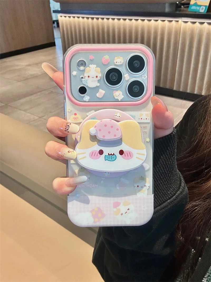 

Kawaii Cartoon Cat Magnetic Pop Stand Clear Phone Case For iPhone 15 16 17 Pro Max INS Pink Cute Shockproof Protective Cover