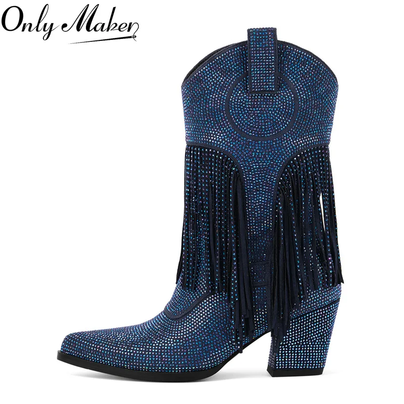 

Onlymaker Women Rhinestone Pointed Toe Mid Calf e Chuny Heel Side Zipper Fashion Bling Boots