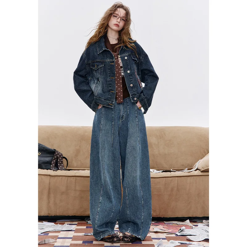 ELFSACK Women Y2K Baggy Jeans with Seam Stitching, High‑Waist Loose Wide Leg Denim Pants for Daily Casual Wear