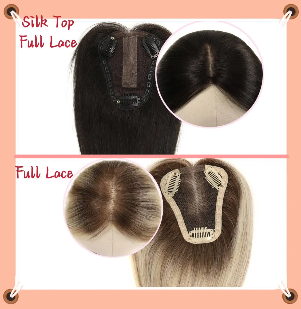Capelli umani Remy al 100% Topper per capelli naturali Posticci per donna Base in seta 3 Clip in Toppers Capelli Topper per capelli in pizzo svizzero Traspirante
