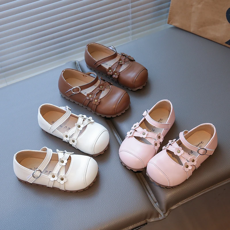 

Girls PU Leather Fashion Shoes Spring Autumn New Flower Retro Princess Soft Non-slip Mary Jane Shallow Flats Loafer Size 22-31