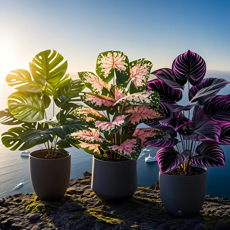 3Pcs Mixed Artificial Plant Set Large Pink Monstera Faux Palm Tree Potted Tropical Plants Plastic Leaves All Season Home Decor view 4