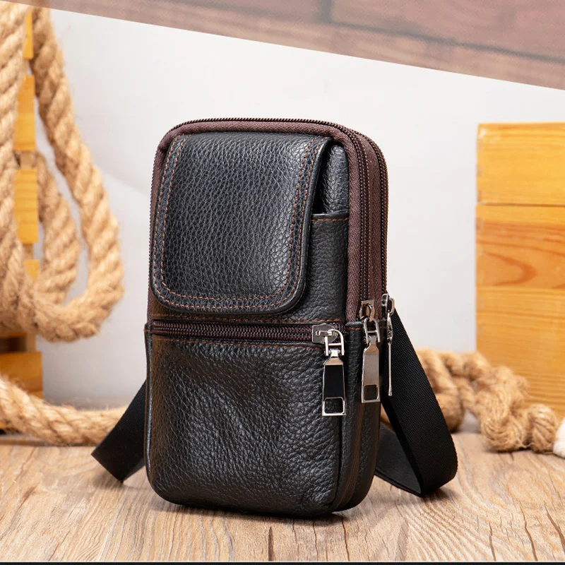 Riñonera de cuero genuino para hombre, bolso de hombro con cinturón para llevar teléfono móvil al aire libre, riñonera masculina