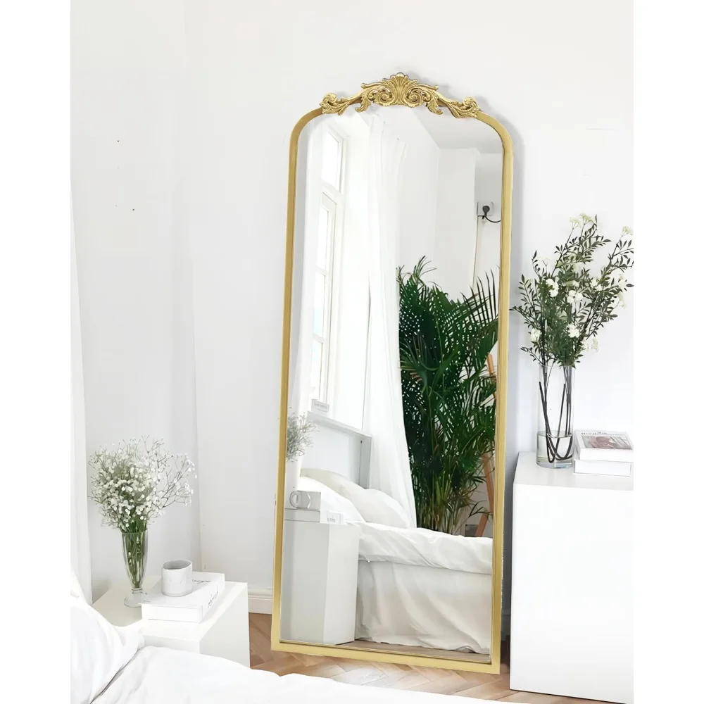 Vintage Gold Arched Floor Mirror, 22x65 Antique Elegant Full Length Traditional Ornate Metal Frame Body Mirror