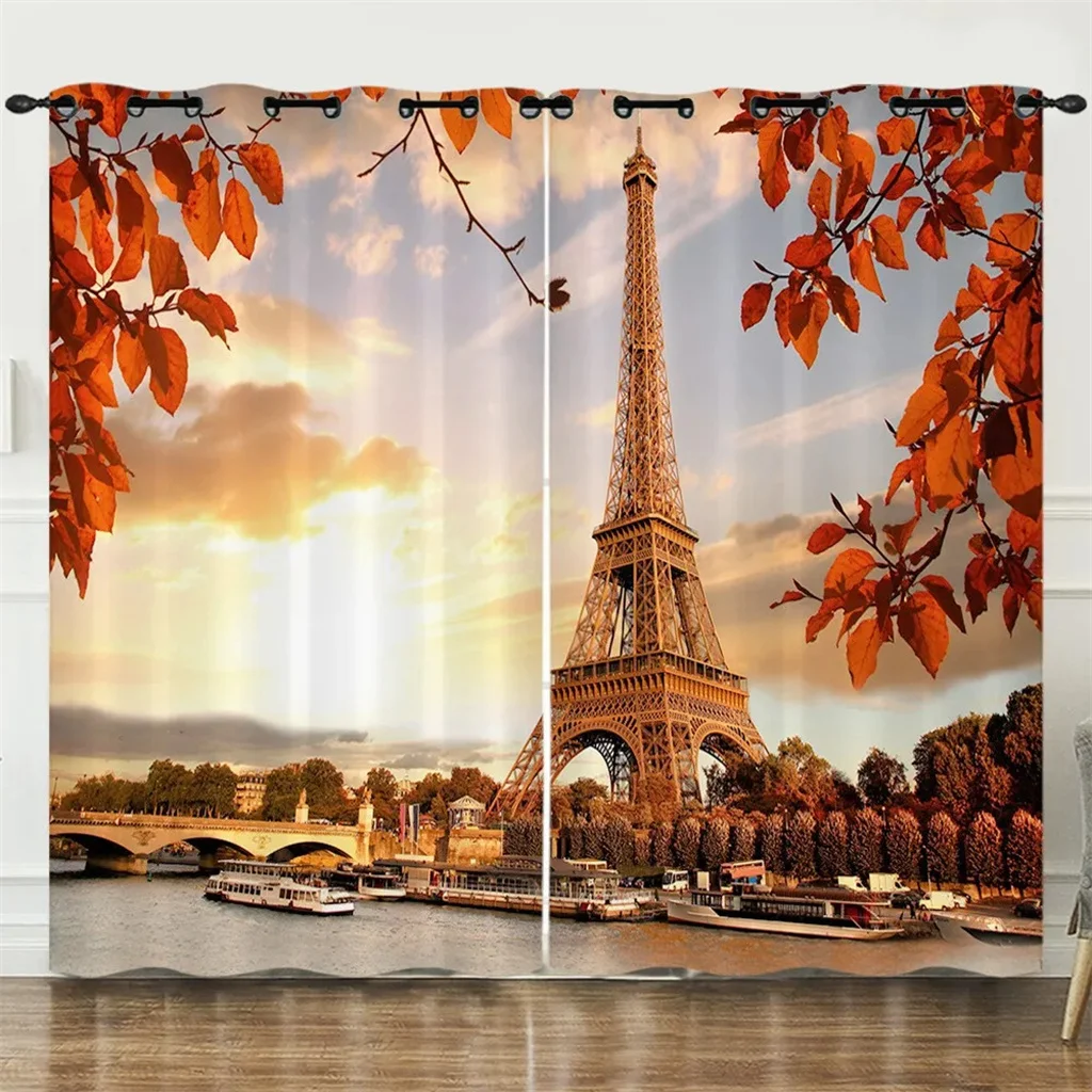 Seine River View Eiffel Tower Curtains 2 Panel European and American Luxury Living Room Bedroom Decor Landscape Curtains