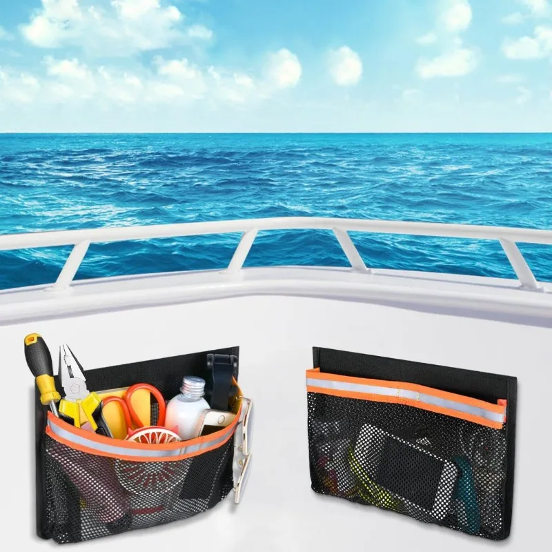 Marine Boat Mesh Storage Organizer Bag with Reflective Strips Gear Pouch with Suction Cups for Kayak Canoe Yacht Fishing Boat