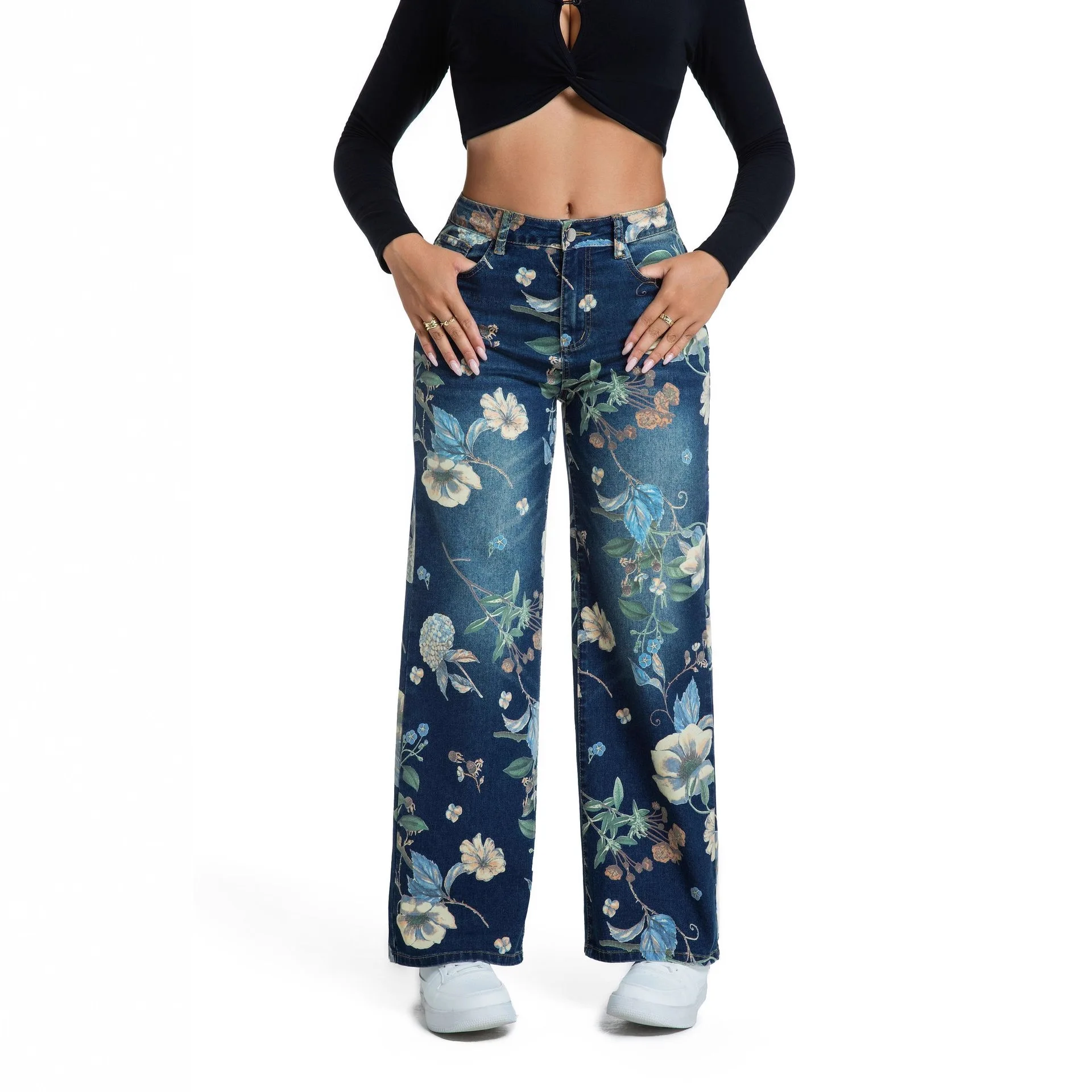 Women's Blue Printed Denim Wide-Leg Pants, 2025 Spring and Autumn New Style Straight-Leg Vintage Comfortable Floor-Length Pants