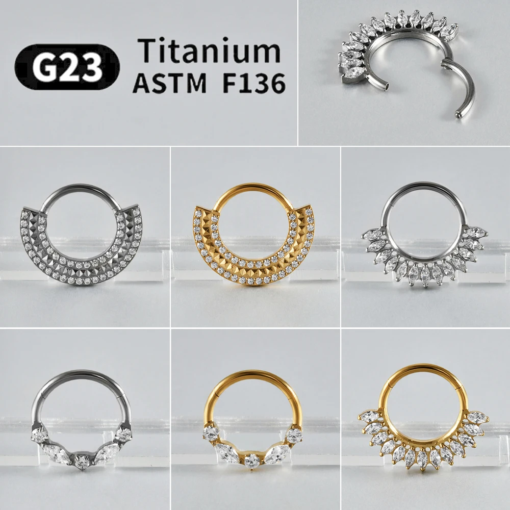 G23 Titanium Carving Zircon Hinged Septum Clicker Piercing Marquise Zircon Nose Ring Ear Cartilage Hoop Daith Helix Jewelry 16G