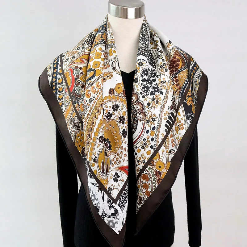 Paisley Print 100% Silk Scarf Wraps 35" Large Square Natural Silk Shawl Cape Double Sided Differnt Printing