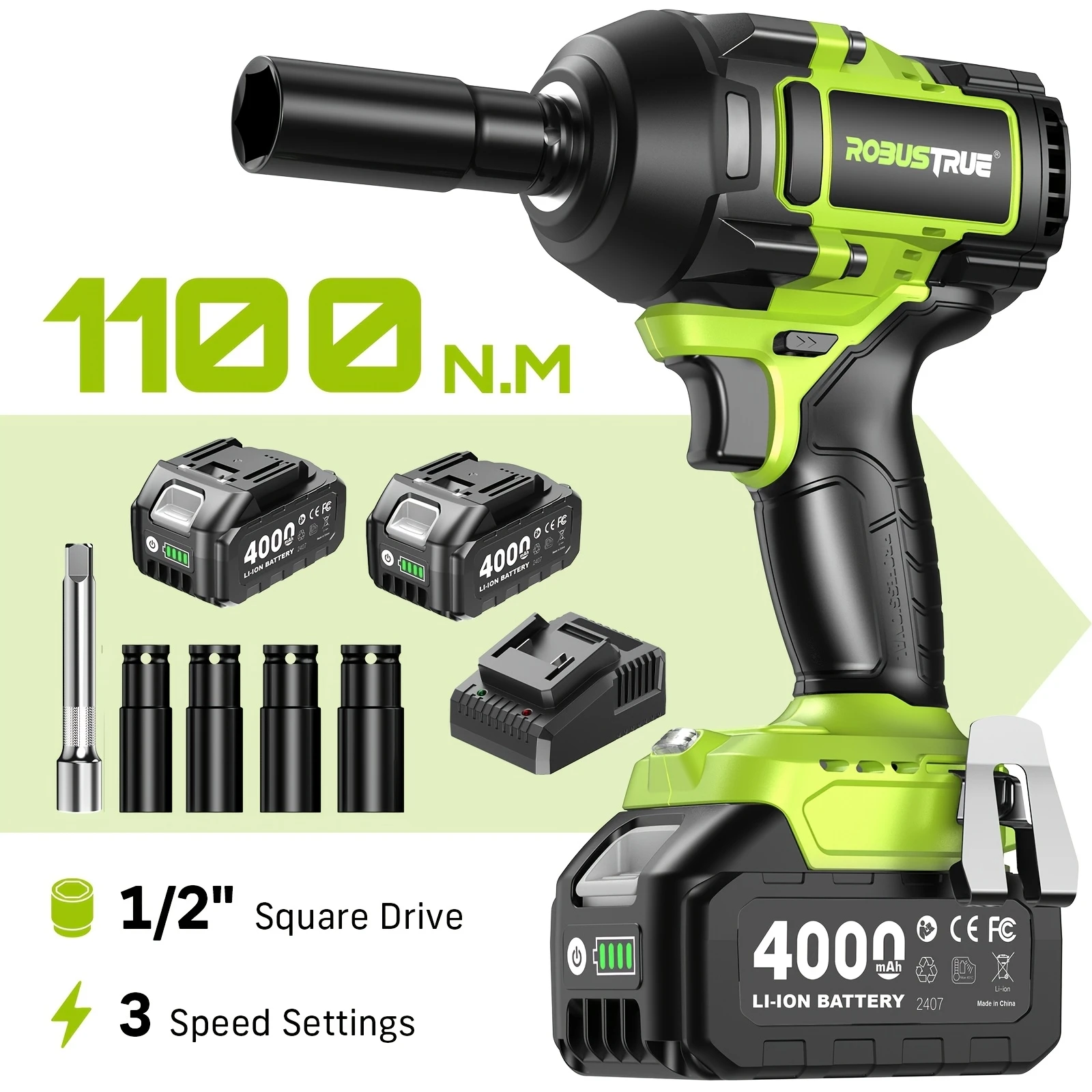 Robustrue RT1100A Chiave a Impatto 21V 1100N.M 2 Batterie Li-Ion da 4.0Ah Senza Spazzole per Lavori Pesanti in Settore Automobilistico, Camion, Agricoltura, Regalo di Natale dell'Ultima Hora per
